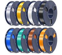 SUNLU PLA+ Filament pour imprimante 3D, lot de filaments PLAPLUS en soie 250g, filament 3D en soie lisse de 1.75mm, bobine de 250g, 8 rouleaux, noir+blanc+or clair+argent+laiton+cuivre rouge+bleu+vert