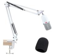 SUNMON Bras de Microphone pour HyperX SoloCast - Pied de Micro Universel avec Bonnette Anti-Vent, Support de Microphone Réglable avec Clip de Bureau et Adaptateur 3/8" à 5/8" (Blanc)