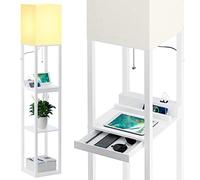 SUNMORY Lampadaire Salon, Lampadaire Bois Massif avec 3 Températures de Couleur, 2 Ports de Charge USB et 1 Tiroir, Lampe sur Pied de Avec en Bois Etagères Pour Chambre et Salon, Blanc,Ampoule Incluse