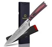 Sunnecko Couteau Cuisine Professionnel 14 cm, Couteau de Chef Japonais Style en Acier Inoxydable Lasé Manche en Pakkawood, pour Viande Légume Champignon
