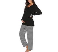SUNNSEAN Pyjama Femme Enceinte d'Allaitement en Coton Deux Pièces, Vêtements De Nuit Manche Longue Col Rond Pour Grossesse, Toutes Saisons