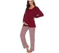 SUNNSEAN Pyjama Femme Enceinte, Pyjama d'allaitement Femme en Coton Deux Pièces Vêtements De Nuit Manche Longue Col Rond Grossesse Pyjama Allaitement pour Tout Les Saisons