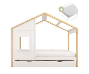 Sunny Beau Lit Cabane avec Tiroir de Rangement, en Bois, Marron/Blanc | pour Enfants - Matelas hybride 90x200 inclus - Montessori | Dimensions totales: 208 x 97 x 171 cm