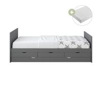 Sunny Eli Lit Gigogne Avec 3 Tiroirs De Rangement, En Bois, Gris | Lit 2 Places - Matelas Hybride 90 X 200 Inclus | Dimensions Totales: 206 X 97 X 75 Cm
