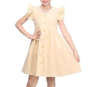 Sunny Fashion Robe Fille Citron Bouton Devant Point Suisse Ébouriffer Mancherons Col en v Partie Classique Décontractée 12 Ans