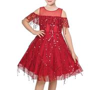Sunny Fashion Robe Fille Écarlate Épaule Mesh Sequin Gland Tulle Partie Formel 12 Ans