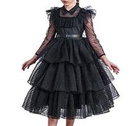 Sunny Fashion Robe Fille Noir Dentelle Manche Longue Organza Ébouriffer Polka Ceinture 12 Ans