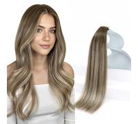 Sunny Hair Remy Lot de 20 extensions de cheveux humains à bande adhésive invisible pour femme, brun froid à brun clair avec mèches blond moyen, 35,6 cm, 50 g