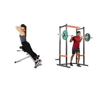 Sunny Health and Fitness 45 Degree Hyperextension Roman Chair, Steel, Grey, One Size + Power Zone Strength Rack Power Cage - 455 KG Weight Capacity, Spotter Bar