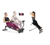 Sunny Health and Fitness 45 Degree Hyperextension Roman Chair, Steel, Grey, One Size + Smart Compact Adjustable Rowing Machine, 12 Levels Adjustable Resistance, Complete Body Workout