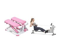 Sunny Health and Fitness Exercise Stepping Machine, Portable Mini Stair Stepper for Home Or Office + Compact Folding Magnetic Rowing Machine with 109 CM Slide Rail, 130 KG Max Weight