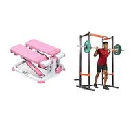 Sunny Health and Fitness Exercise Stepping Machine, Portable Mini Stair Stepper for Home Or Office + Power Zone Strength Rack Power Cage - 455 KG Weight Capacity, Spotter Bar, Angled Pull-Up Bar