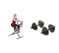 Sunny Health and Fitness Row-N-Ride™ Pro Squat Assist Trainer, Rowing Machine w/Digital Monitor + Exercise Vinyl 18 KG Dumbbell Set Hand Weights for Strength Training, Weight Loss