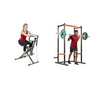 Sunny Health and Fitness Row-N-Ride™ Pro Squat Assist Trainer, Rowing Machine w/Digital Monitor + Power Zone Strength Rack Power Cage - 455 KG Weight Capacity, Spotter Bar, Angled Pull-Up Bar