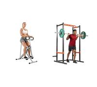 Sunny Health and Fitness Squat Assist Upright Row-N-Ride Rowing Machine, Horse Riding Machine + Power Zone Strength Rack Power Cage - 455 KG Weight Capacity, Spotter Bar, Angled Pull-Up Bar