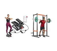 Sunny Health and Fitness Total Body Smart 2-in-1 Stepper Machine, Total Body Workout, Adjustable + Power Zone Strength Rack Power Cage - 455 KG Weight Capacity, Spotter Bar, Angled Pull-Up Bar
