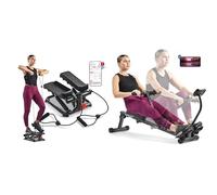 Sunny Health and Fitness Total Body Smart 2-in-1 Stepper Machine, Total Body Workout + Smart Compact Adjustable Rowing Machine, 12 Levels Adjustable Resistance