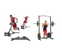 Sunny Health and Fitness Unisex's Station Hyperextension Roman Chair with Dip Station, Black + Power Zone Squat Stand Rack Power Cage - SF-XF9931