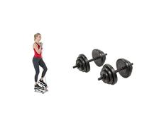 Sunny Health & Fitness Advanced Mini Home Steppers, Total Body Workout Stair Machine + Exercise Vinyl 18 KG Dumbbell Set Hand Weights for Strength Training, Weight Loss