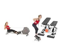 Sunny Health & Fitness Advanced Mini Home Steppers, Total Body Workout Stair Machine + Foldable and Compact Magnetic Rowing Machine, 130 KG Max, LCD Display, Super Quiet
