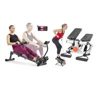 Sunny Health & Fitness Advanced Mini Home Steppers, Total Body Workout Stair Machine + Smart Compact Adjustable Rowing Machine, 12 Levels Adjustable Resistance