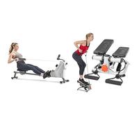 Sunny Health & Fitness Compact Folding Magnetic Rowing Machine with 109 CM Slide Rail, 130 KG Max + Advanced Mini Home Steppers, Total Body Workout Stair Machine