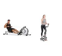 Sunny Health & Fitness Compact Folding Magnetic Rowing Machine with 109 CM Slide Rail, 130 KG Max + Power Zone Squat Stand Rack Power Cage - SF-XF9931