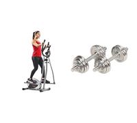 Sunny Health & Fitness Legacy Stepping Elliptical Machine, Ultra- Quiet Magnetic Belt Drive + Adjustable 15 KG Dumbbell Set w/Carry Case, Space Saver, Secure Quick-Lock, Anti-Slip Steel Handle
