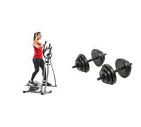 Sunny Health & Fitness Legacy Stepping Elliptical Machine, Ultra- Quiet Magnetic Belt Drive + Exercise Vinyl 18 KG Dumbbell Set Hand Weights for Strength Training, Weight Loss, Workout Bench