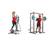Sunny Health & Fitness Legacy Stepping Elliptical Machine, Ultra- Quiet Magnetic Belt Drive + Power Zone Strength Rack Power Cage - 455 KG Weight Capacity, Spotter Bar