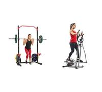 Sunny Health & Fitness Legacy Stepping Elliptical Machine, Ultra- Quiet Magnetic Belt Drive + Power Zone Squat Stand Rack Power Cage - SF-XF9931