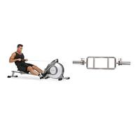 Sunny Health & Fitness Magnetic Rowing Machine, Folding w/LCD Monitor and Extra Long Slide Rail + 86 cm Olympic Triceps Bar with Ring Collars, Olympic Weight for Weightlifting and Bodybuilding
