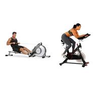 Sunny Health & Fitness Magnetic Rowing Machine, Folding w/LCD Monitor and Extra Long Slide Rail + Indoor Cycling Wheel with Magnetic Belt Drive, 136kg Max Weight, 20kg Flywheel, Pedal Hook