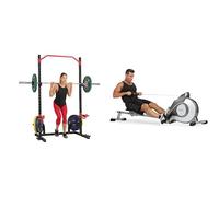 Sunny Health & Fitness Magnetic Rowing Machine, Folding w/LCD Monitor and Extra Long Slide Rail + Power Zone Squat Stand Rack Power Cage - SF-XF9931
