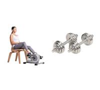 Sunny Health & Fitness Magnetic Under Desk Mini Exercise Cycle Bike, Dual Function Pedal Exerciser + Adjustable 15 KG Dumbbell Set w/ Carry Case, Space Saver, Secure Quick-Lock, Anti-Slip Steel Handle