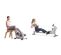Sunny Health & Fitness Magnetic Under Desk Mini Exercise Cycle Bike, Dual Function Pedal Exerciser + Compact Folding Magnetic Rowing Machine with 109 CM Slide Rail, 130 KG Max Weight