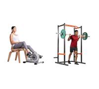 Sunny Health & Fitness Magnetic Under Desk Mini Exercise Cycle Bike, Dual Function Pedal Exerciser + Power Zone Strength Rack Power Cage - 455 KG Weight Capacity, Spotter Bar