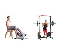 Sunny Health & Fitness Magnetic Under Desk Mini Exercise Cycle Bike, Dual Function Pedal Exerciser + Power Zone Squat Stand Rack Power Cage - SF-XF9931