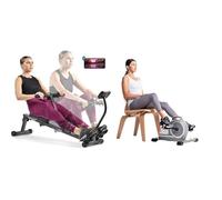 Sunny Health & Fitness Magnetic Under Desk Mini Exercise Cycle Bike, Dual Function Pedal Exerciser + Smart Compact Adjustable Rowing Machine, 12 Levels Adjustable Resistance, Complete Body Workout