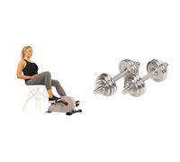 Sunny Health & Fitness Magnetic Under Desk Pedal Exerciser, Dual Function Mini Exercise Cycle Bike + Adjustable 15 KG Dumbbell Set w/ Carry Case, Space Saver, Secure Quick-Lock, Anti-Slip Steel Handle