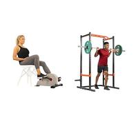 Sunny Health & Fitness Magnetic Under Desk Pedal Exerciser, Dual Function Mini Exercise Cycle Bike + Power Zone Strength Rack Power Cage - 455 KG Weight Capacity, Spotter Bar