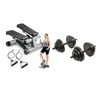 Sunny Health & Fitness Mini Stepper Machine, Stair Stepper Exercise Equipment + Exercise Vinyl 18 KG Dumbbell Set Hand Weights for Strength Training, Weight Loss