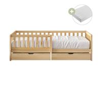 Sunny Isa Lit 1 Place Avec 2 Tiroirs, En Bois, Beige | Barrière De Sécurité - Matelas Hybride Inclus 90 X 200 - 2 Tiroirs De Rangement | Dimensions Totales: 206 X 98 X 65 Cm