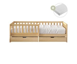 Sunny Isa Lit 1 Place Avec 2 Tiroirs, En Bois, Beige | Barrière De Sécurité - Matelas Hybride Inclus 90 X 200 - 2 Tiroirs De Rangement | Dimensions Totales: 206 X 98 X 65 Cm