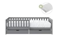Sunny Isa Lit Enfant 1 Place avec 2 Tiroirs, en Bois, Gris | Barrière de Sécurité - Matelas hybride inclus 90 x 200 - 2 Tiroirs de rangement | Dimensions totales: 206 x 98 x 65 cm