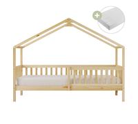 Sunny Kae Lit Cabane avec Barrière de Sécurité, en Bois, Beige | Au Sol - Matelas hybride 90 x 200 inclus - Montessori | Dimensions totales: 207 x 96 x 156,5 cm