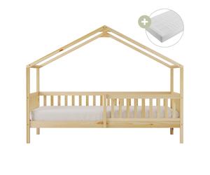 Sunny Kae Lit Cabane Avec Barrière De Sécurité, En Bois, Beige | Au Sol - Matelas Hybride 90 X 200 Inclus - Montessori | Dimensions Totales: 207 X 96 X 156,5 Cm
