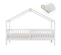 Sunny Kae Lit Cabane avec Barrière de Sécurité, en Bois, Blanc | Au Sol - Matelas hybride 90 x 200 inclus - Montessori | Dimensions totales: 207 x 96 x 156,5 cm