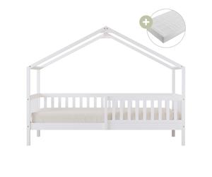 Sunny Kae Lit Cabane Avec Barrière De Sécurité, En Bois, Blanc | Au Sol - Matelas Hybride 90 X 200 Inclus - Montessori | Dimensions Totales: 207 X 96 X 156,5 Cm