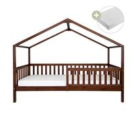Sunny Kae Lit Cabane Avec Barrière De Sécurité, En Bois, Marron | Au Sol - Matelas Hybride 90 X 200 Inclus - Montessori | Dimensions Totales: 207 X 96 X 156,5 Cm